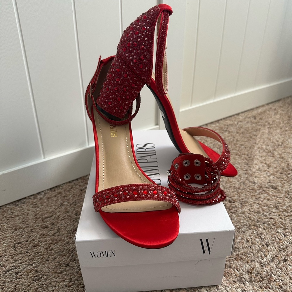 Dream Pairs Red Rhinestone Heels Ankle Strap Block Heel Sandals Ruby Size 8 - Picture 2 of 11